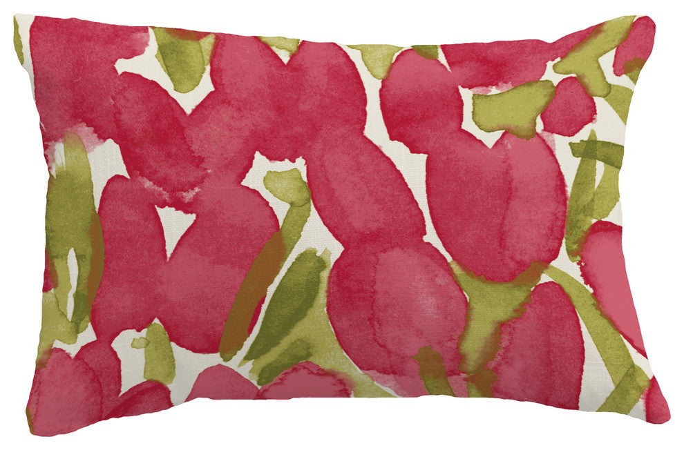 Sunset Tulip Floral Print Throw Pillow With Linen Texture, Red, 14"x20"