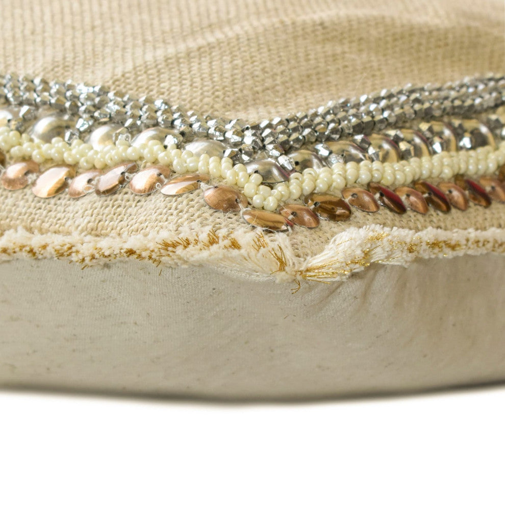 Beige Burlap 12"x26" Lumbar Pillow Cover Lace Beads Sequins Embroidery - Soraya