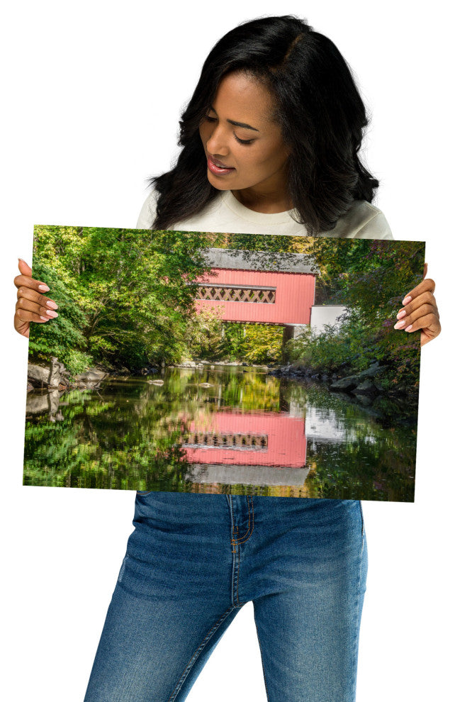 The Reflection of Wooddale Covered Bridge Unframed Wall Art Print, 12" X 18"