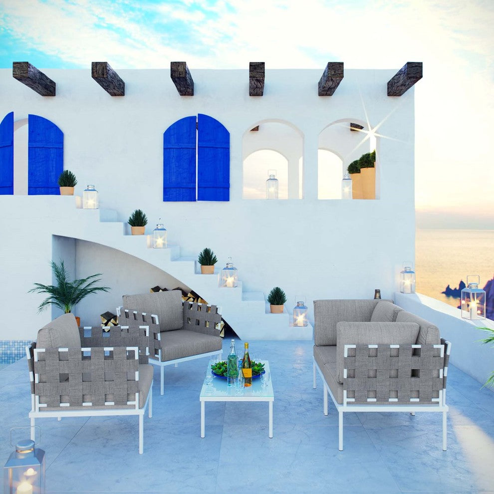 Modern Urban Outdoor Patio 5-Piece Sectional Sofa Set, Gray White Gray, Rattan