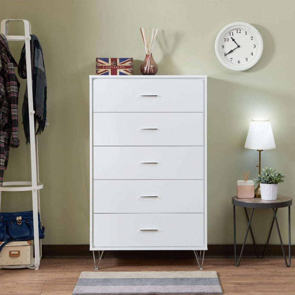 5 Drawers Chest With Metal Legs, White