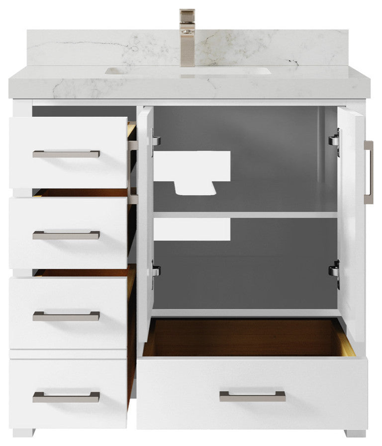 Malibu 36 Center Sink Bath Vanity in White  2" Calacatta Nuvo