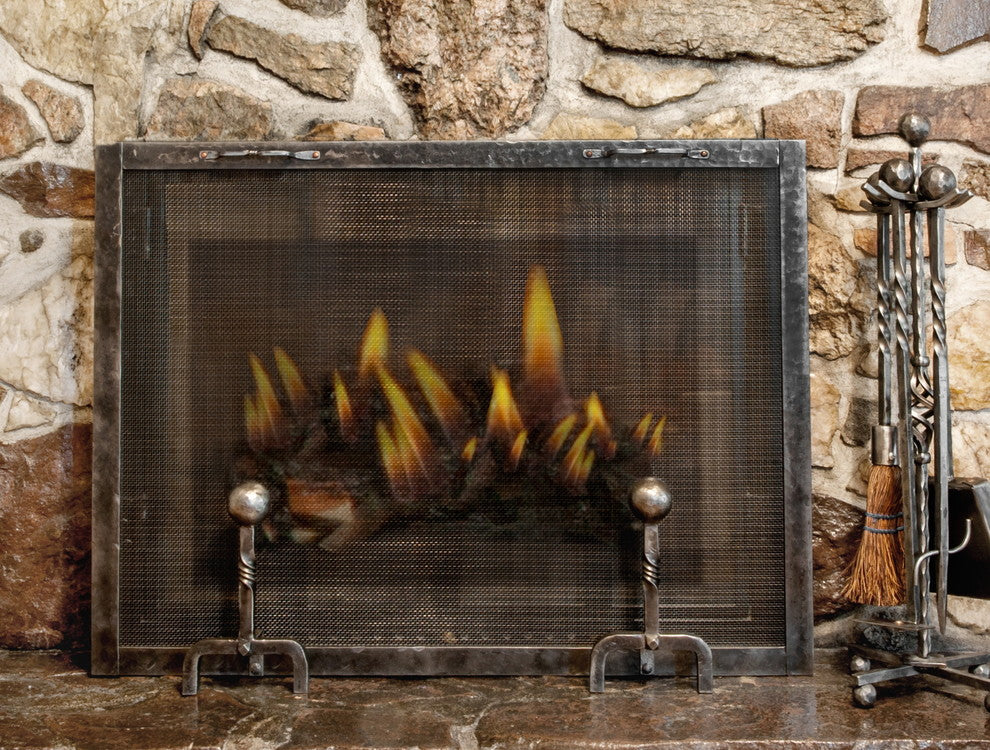 Forged Iron Fireplace Screen with Ball Andiron Feet, Small