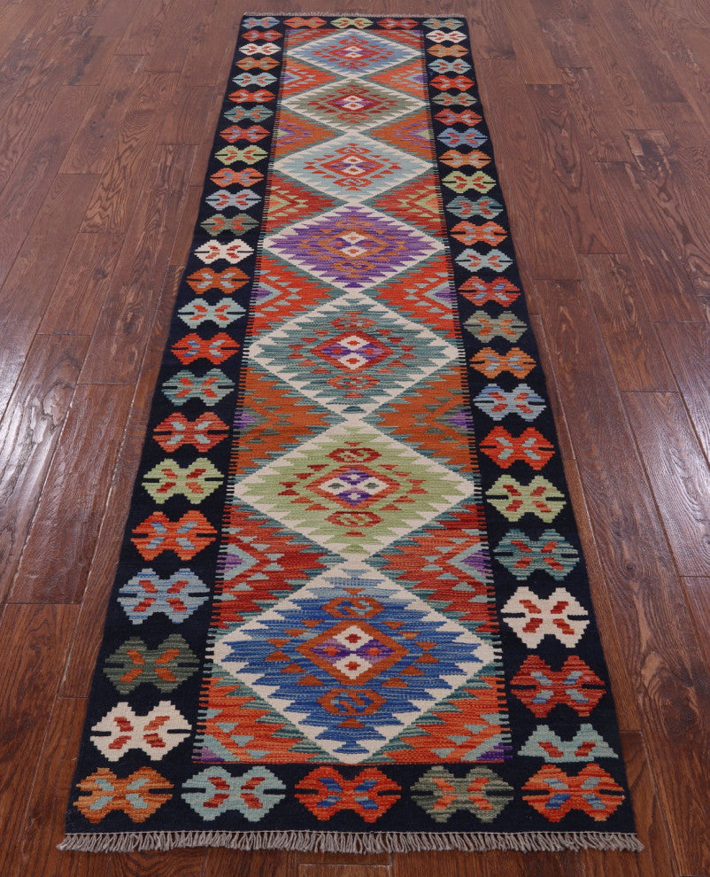 2' 8" X 10' 2" Wool On Wool Reversible Kilim Flat Weave Runner Rug Q9461