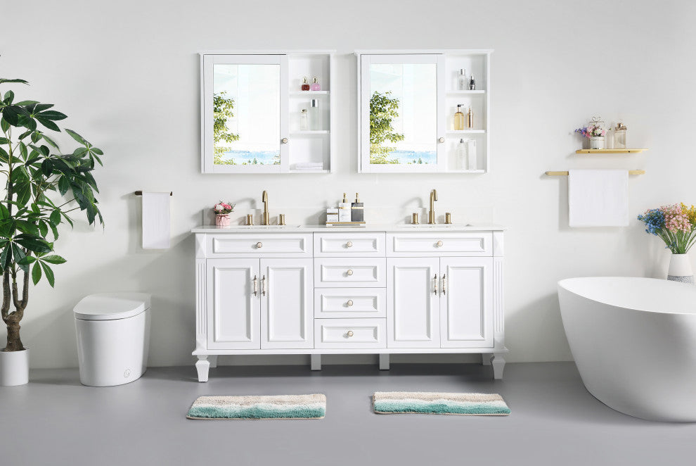 Solid Wood Bathroom Vanity with Quartz Top and cUPC Certified Sink, White, 72 Inch