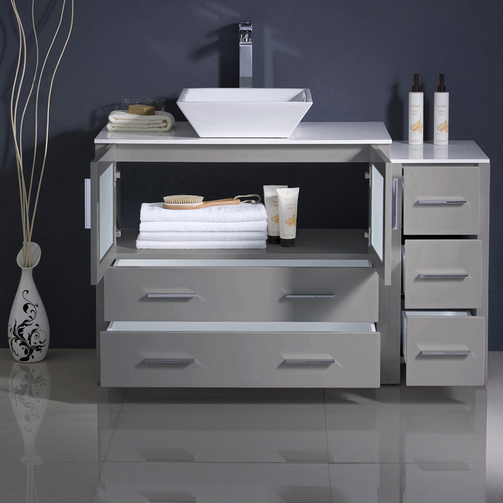 Torino Modern Bathroom Cabinets With Top and Vessel Sink, Gray, 48"