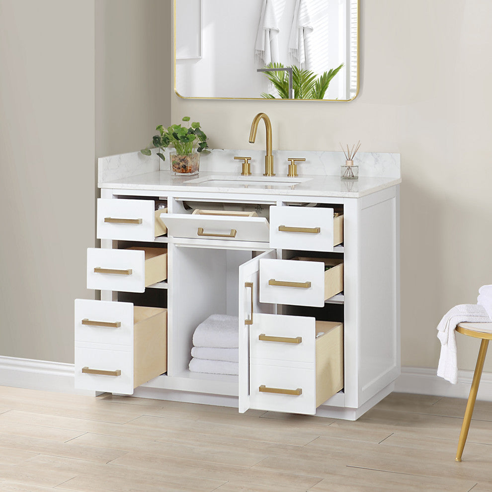 Gavino Vanity With Grain White Composite Stone Top, White/Brushed Gold, 42", No Mirror