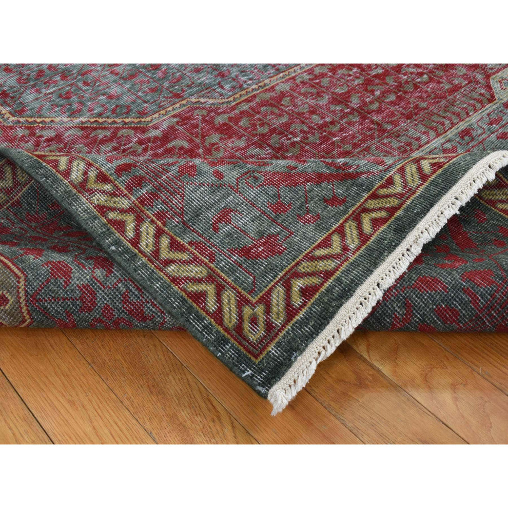 Green, Vintage Look Mamluk, Zero Pile, Worn Wool, Hand Knotted Rug, 6'x9'