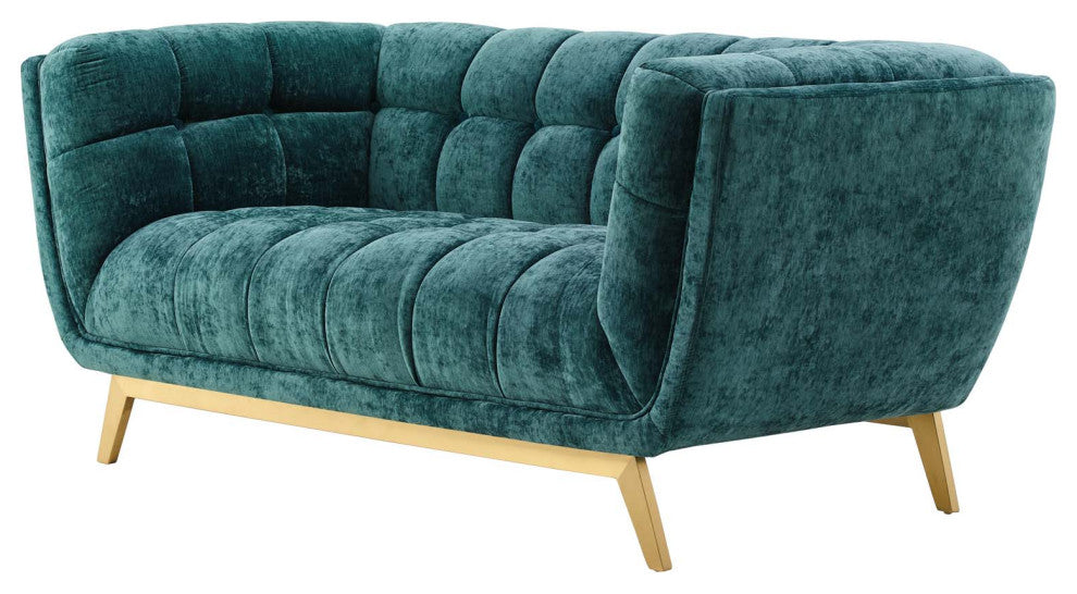 Loveseat Sofa, Velvet, Teal Blue, Modern, Living Lounge Hotel Lobby Hospitality