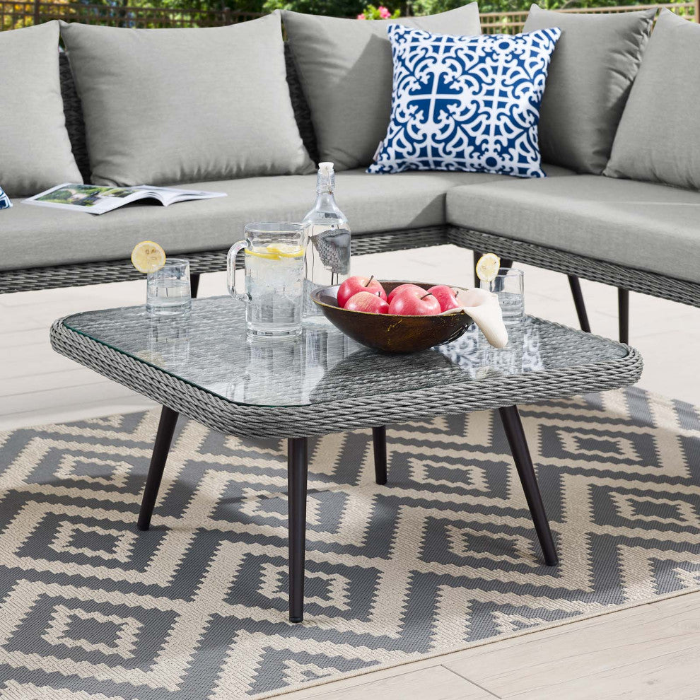 Lounge Coffee Table, Square, Gray, Rattan, Wicker, Glass, Modern, Outdoor