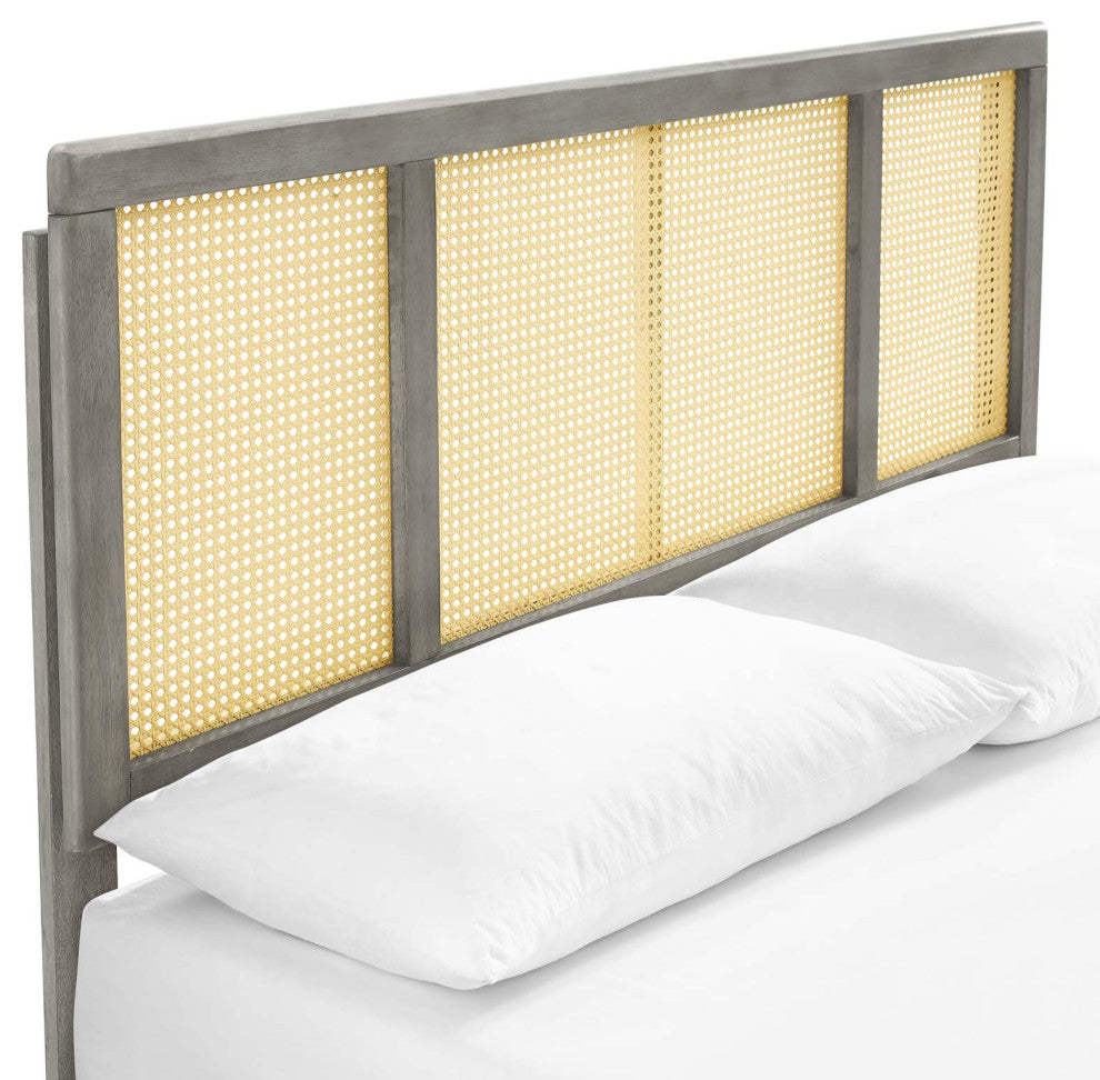 Kelsea Cane and Wood Full Platform Bed With Angular Legs MOD-6695-GRY