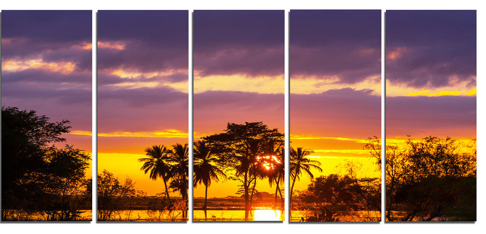 Colorful Flooded Field At Sunset, Landscape Canvas Wall Art, 60"x28", 5 Panels