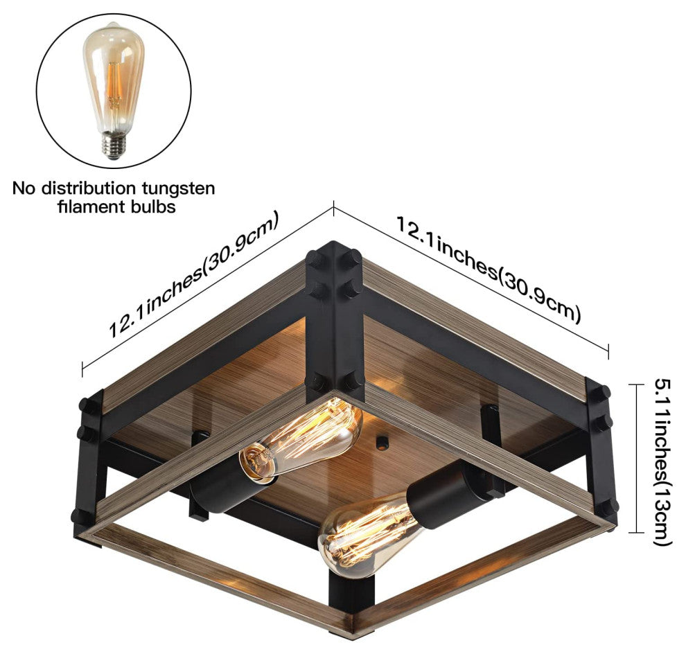 2 Light Flush Mount Ceiling Light Fixture Farmhouse Rust Black and Wood Ceiling