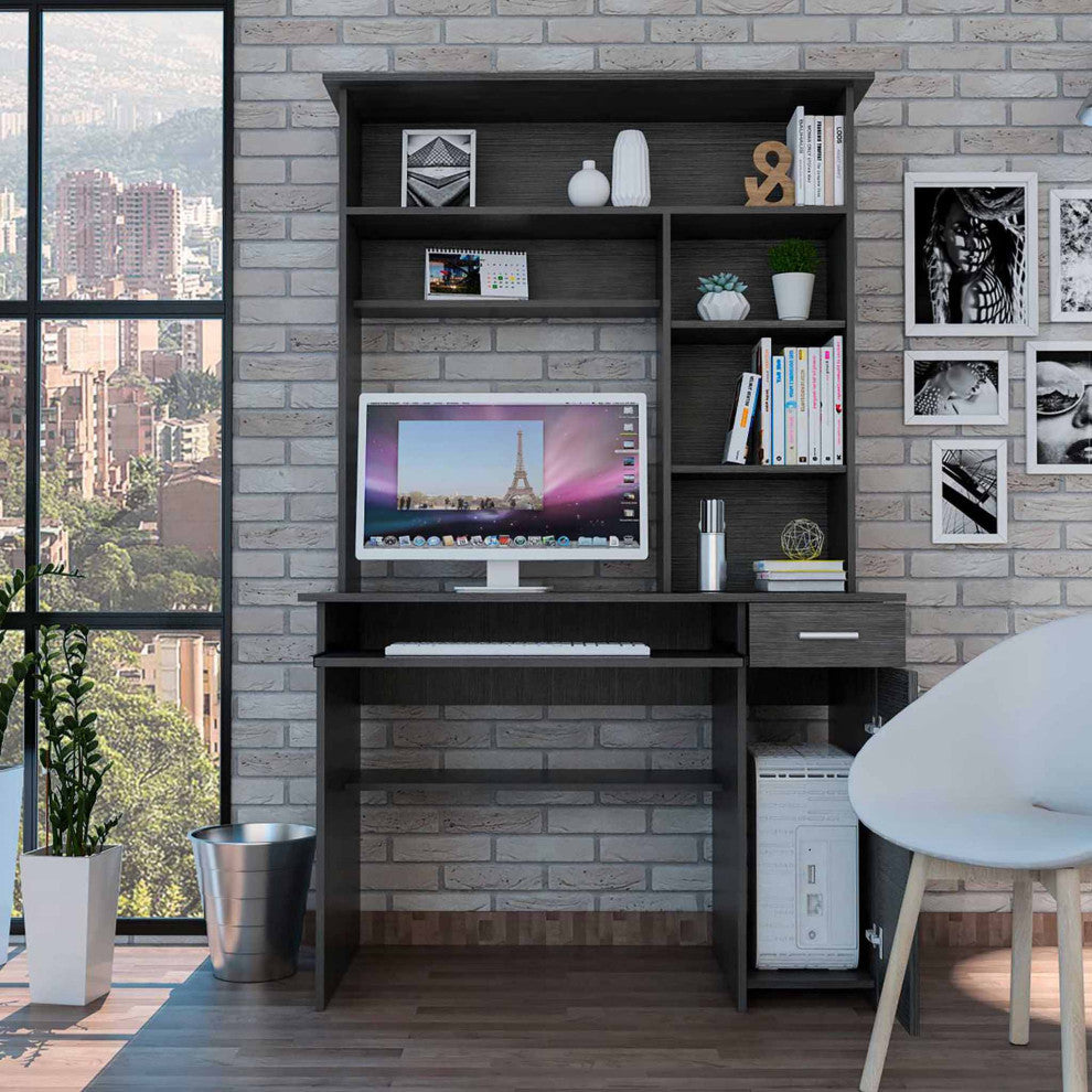 Weston 2 Computer Desk, With 2 Drawers, 6 Shelves And Hutch, Gray Oak