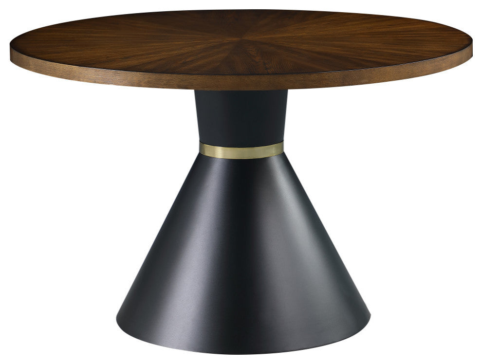 Sheridan Brown Ashburl Veneer Wood Top Dining Table with Matte Black Metal Base