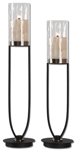 Uttermost Durga 2-Piece Metal and Glass Candle Holder Set in Matte Black/Beige