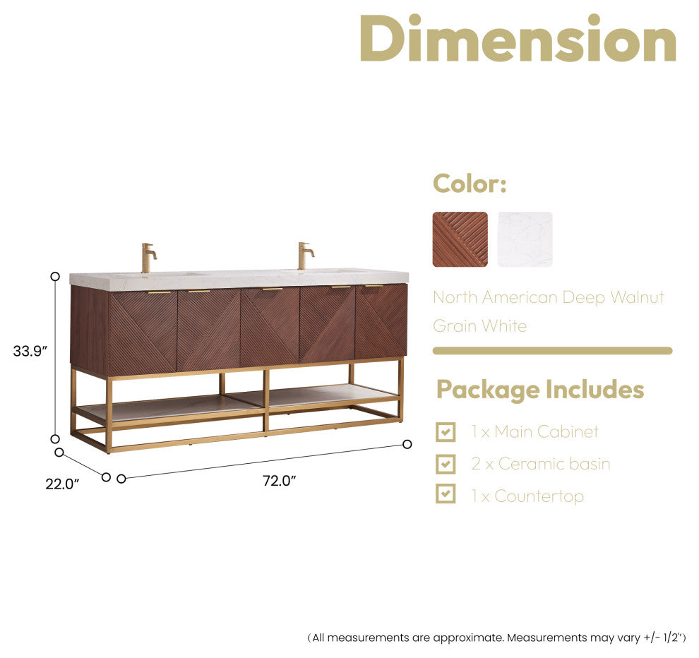 Mahon Bath Vanity, Stone Top, Brushed Gold Base, 72", Double Vanity, No Mirror