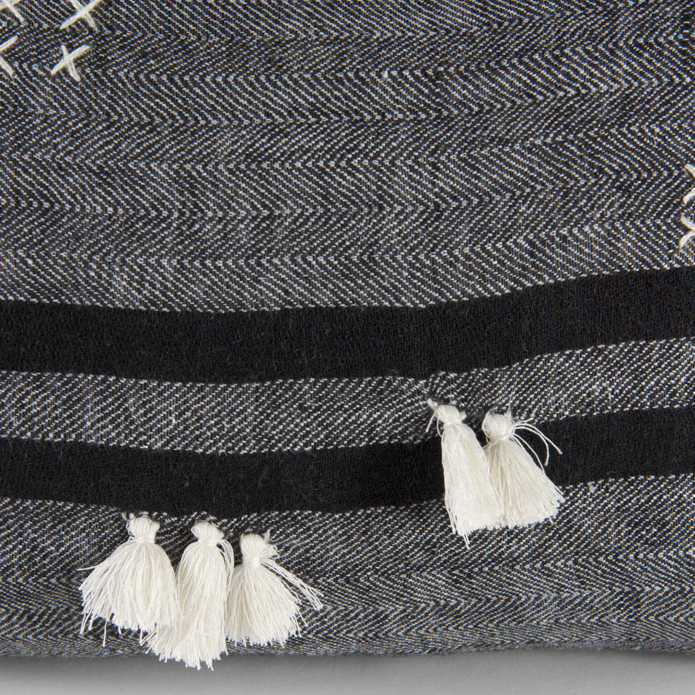 Sibyl 13"Lx21"W Black Fabric Striped/White Fringed Decorative Pillow Cover