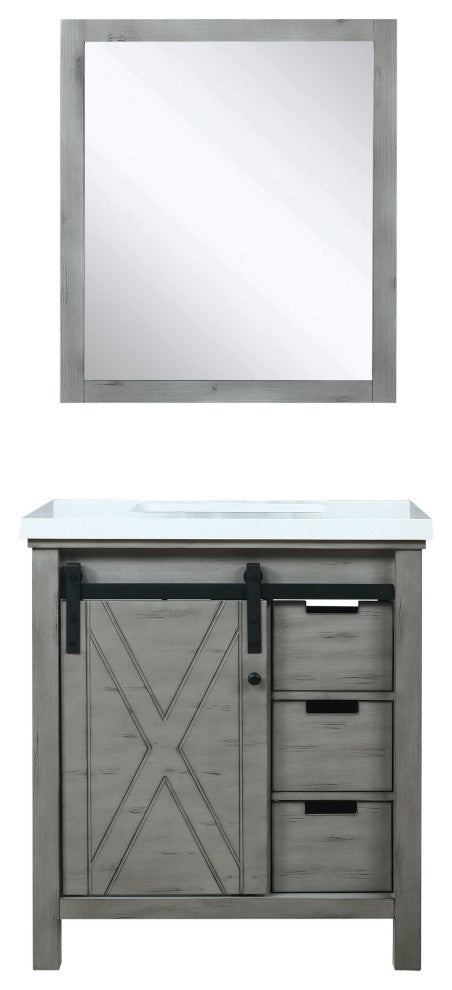 Marsyas 30" Ash Gray Single Vanity Cabinet Quartz Top Sink, 28" Wall Mirror