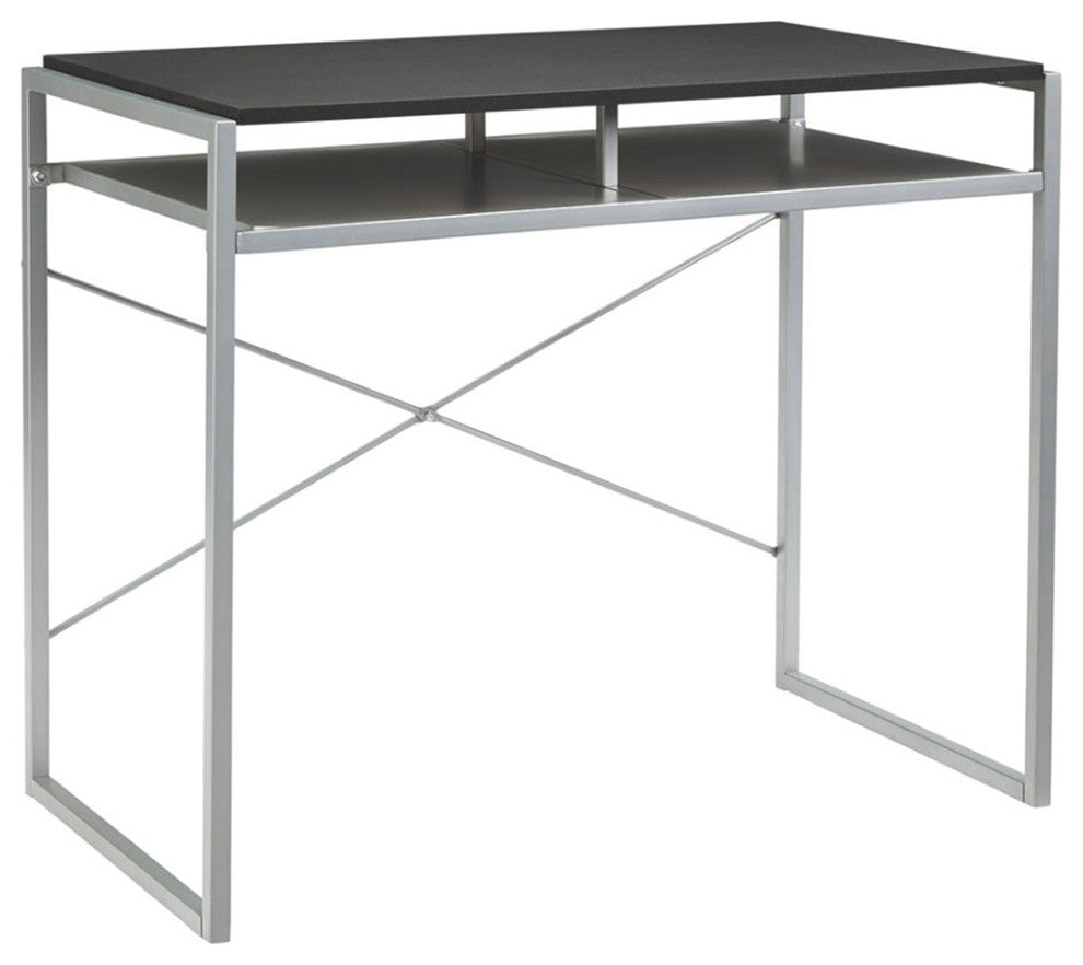 Metal Framed Wooden Desk with Lower Shelf, Black and Silver