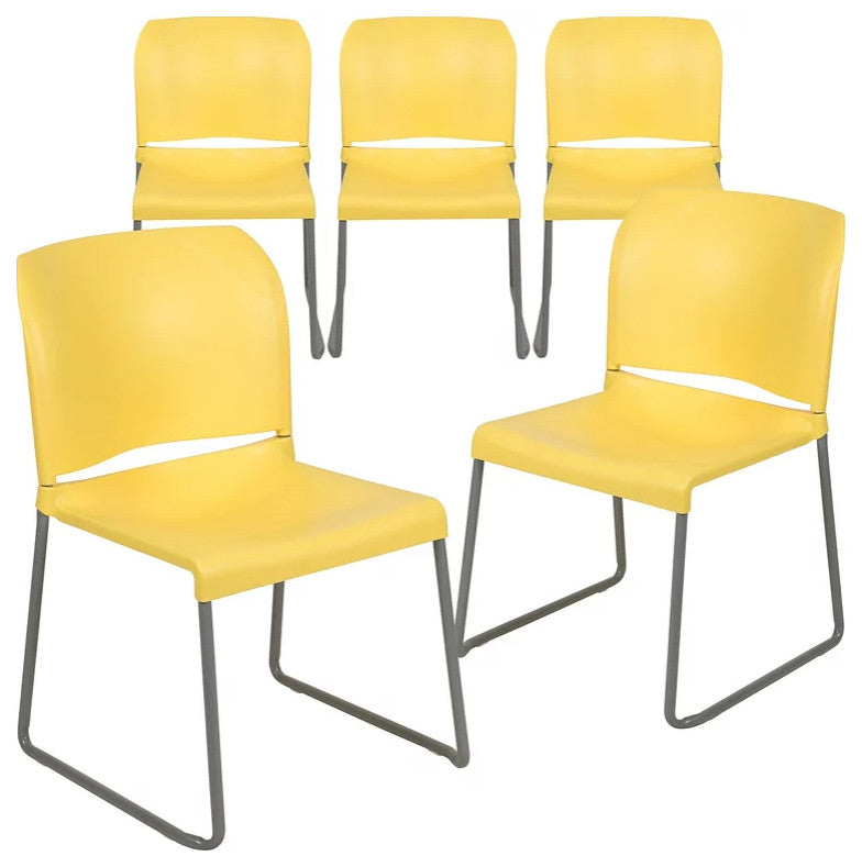 Set of 5 Multifunctional Stackable Chair, Plastic Seat With Sled Base, Yellow