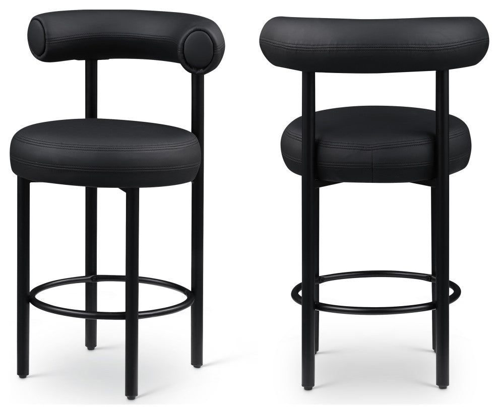 Bordeaux Upholstered Stool, Black, Vegan Leather, Matte Black, Set of 2