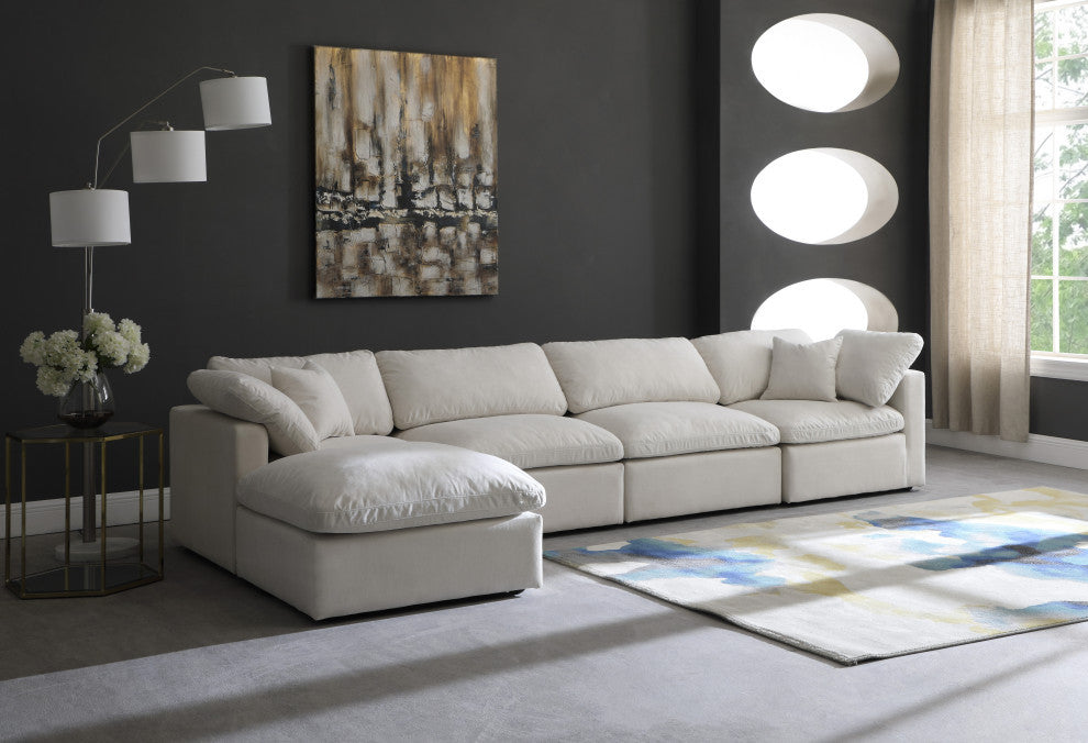 Plush Velvet / Down Standard Comfort L-Shaped Modular Sectional, Cream, 5-Piece: 2 Armless Chair, 2 Corner Chair, 1 Ottoman