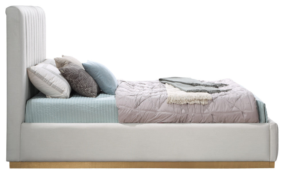 Lucia Beige Linen Textured Fabric Full Bed, Cream, Full, Natural Finish