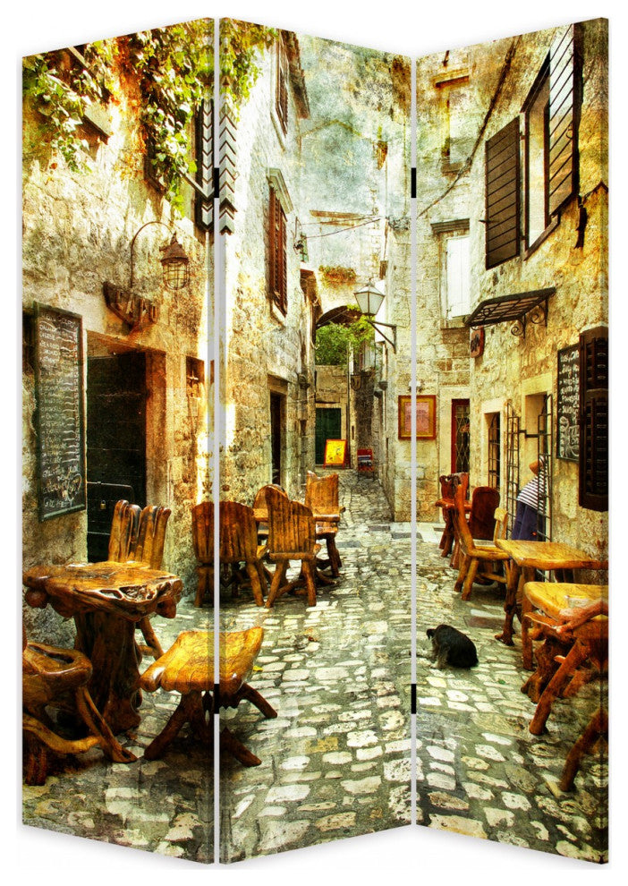 Romantic European Street Three Panel Room Divider Screen