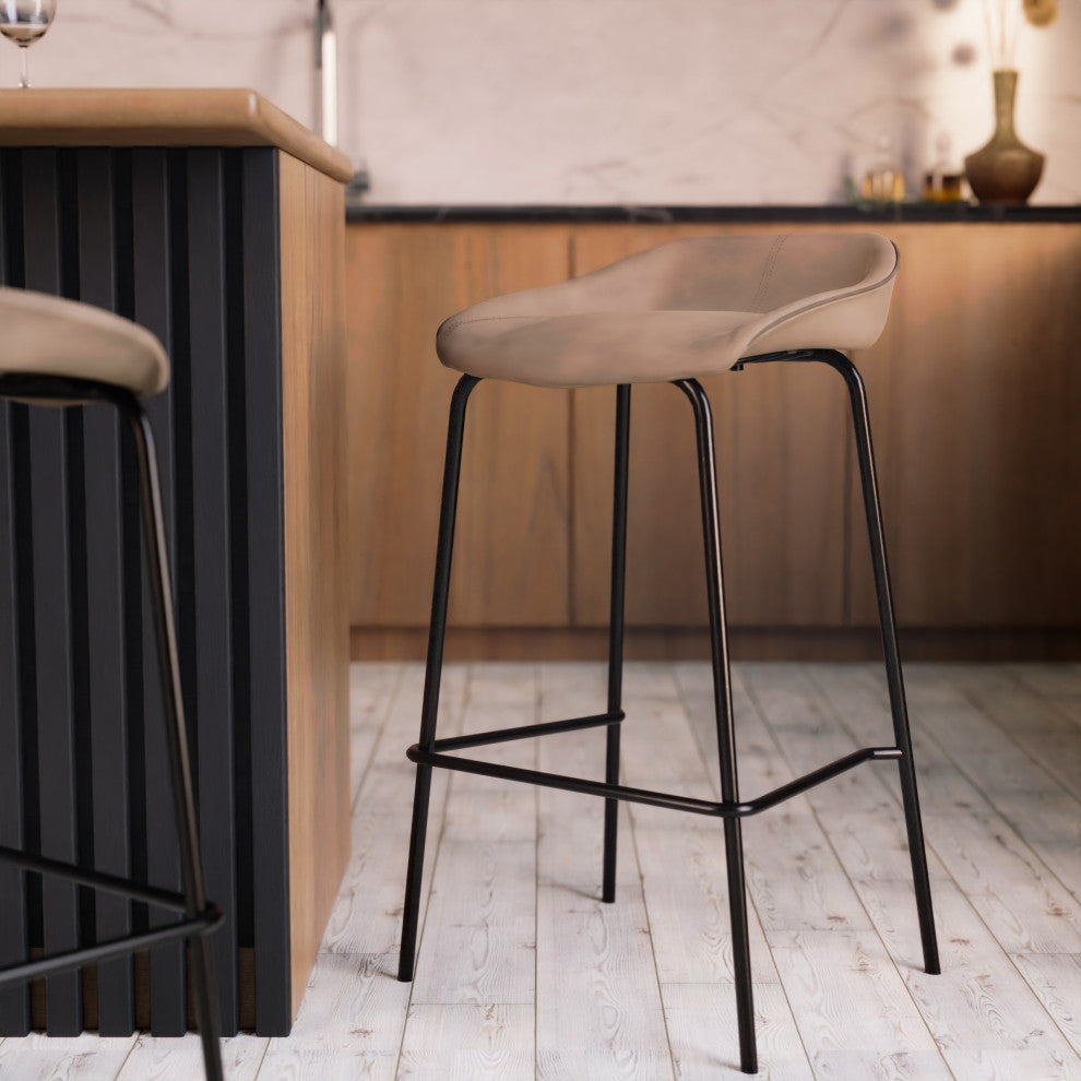 LeisureMod Servos Barstool With Faux Leather Seat and Iron Frame Set of 2, Sand Brown