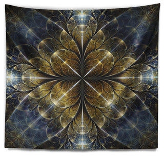 Digital Gold Fractal Flower Pattern Abstract Wall Tapestry, 60"x50"