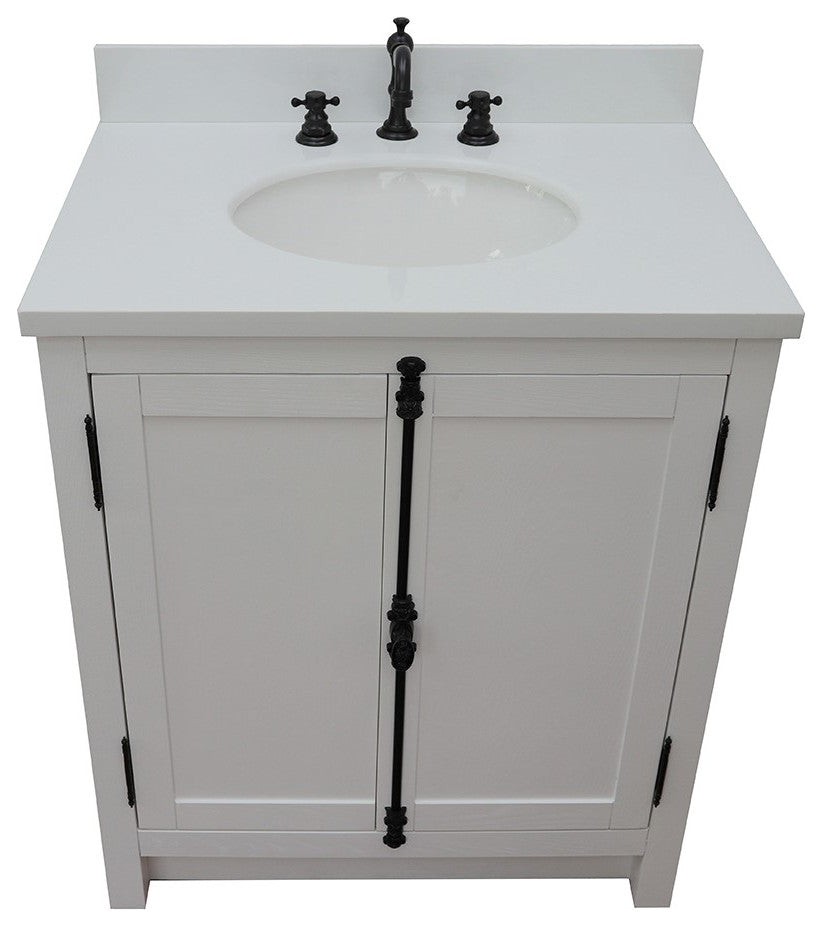30" Single Vanity, Glacier Ash, White Engineered Stone Top, Oval Sink