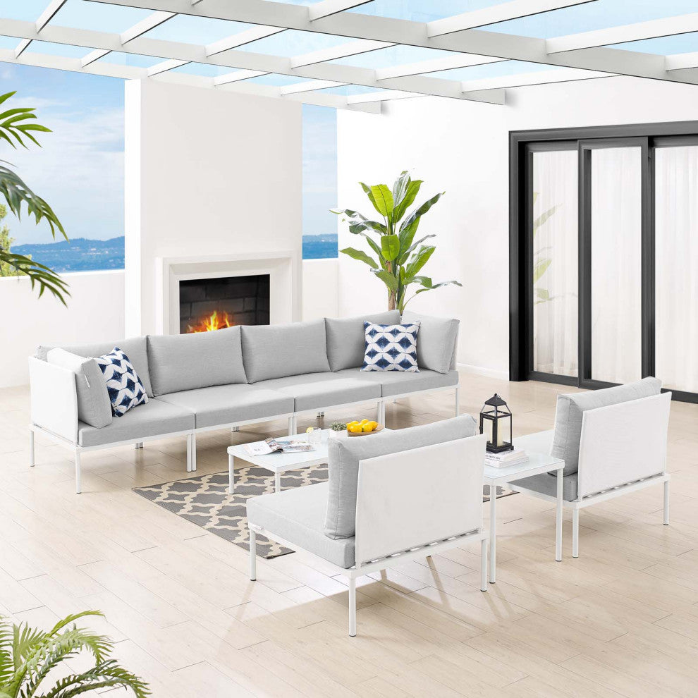 Sectional Sofa Chair Table Set, Sunbrella, Aluminum, White Gray, Outdoor