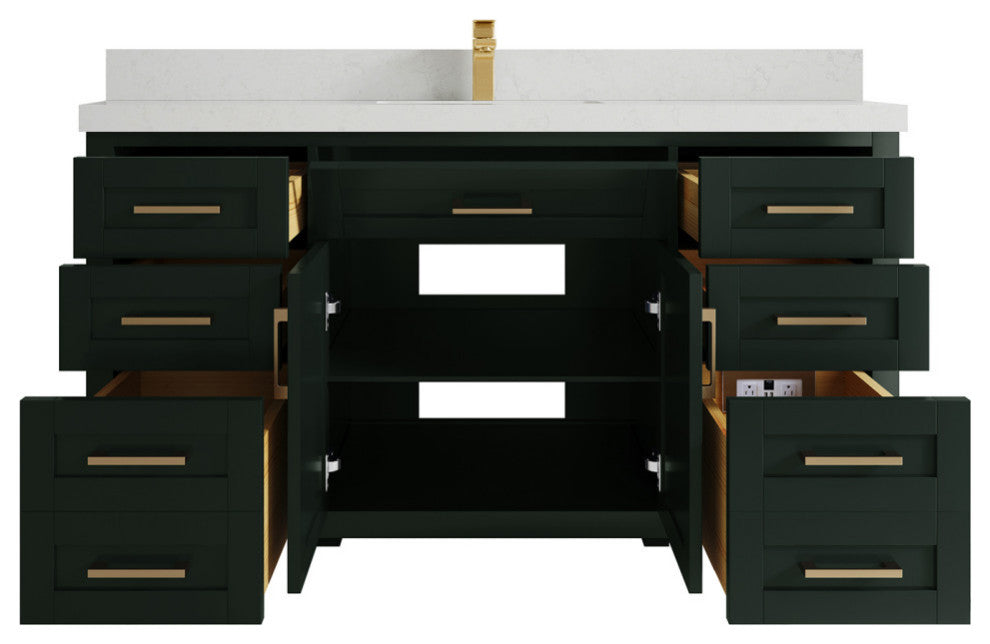 Cambridge 60 Single Bathroom Vanity in Dark Forest Green 2" Carrara Quartz