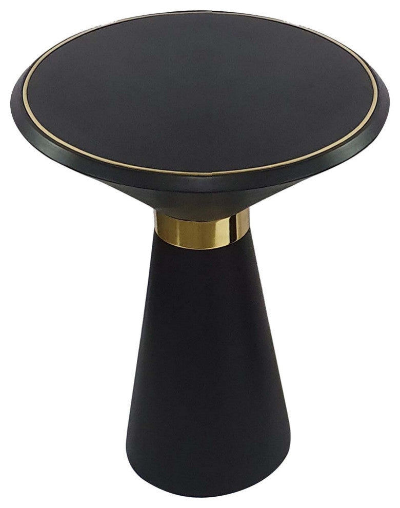 22 Inch Round Mango Wood Side Table, Smooth Brass Accents, Black Finish