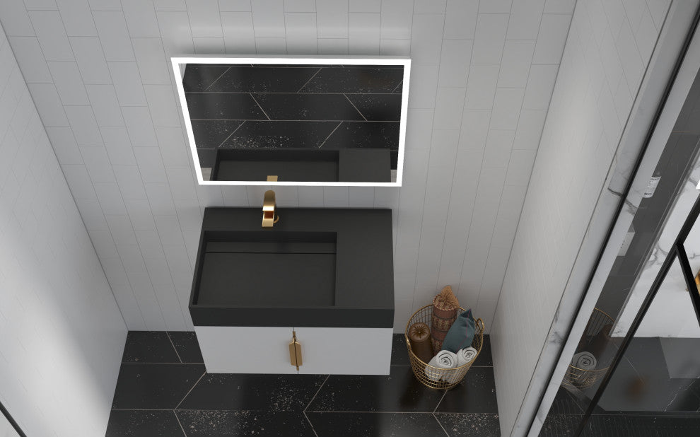 CastelloUSA Amazon 30" Left Wall Mounted Bathroom Vanity Set, White, Black Top, Gold Handles
