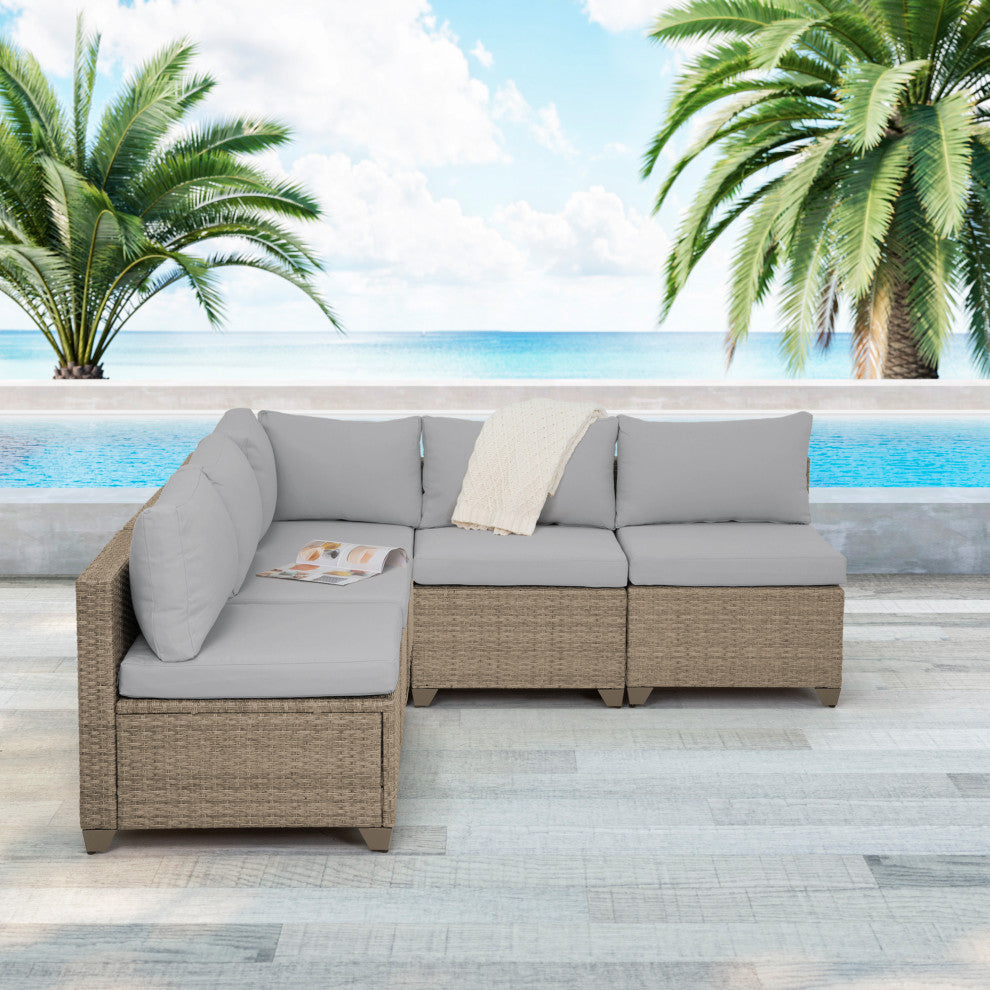 Maui 5-Piece Outdoor Modular Conversation Set, Natural Aged Wicker, Stone