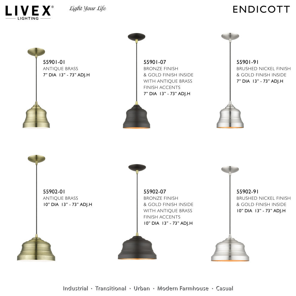 Endicott 1-Light Antique Brass Bell Pendant, Shiny White Inside