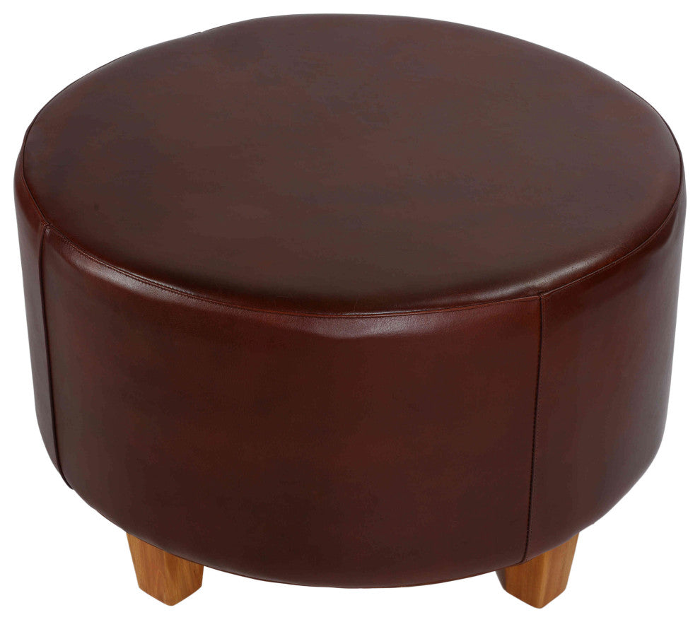 Bare Decor William Genuine 100% Leather Round Ottoman, Brown