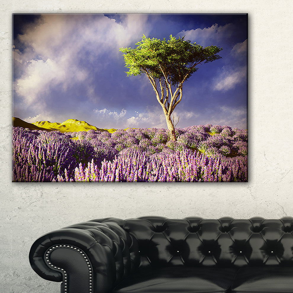 "Green Tree in Lavender Field" Modern Landscape Wall Art Canvas, 40"x30"