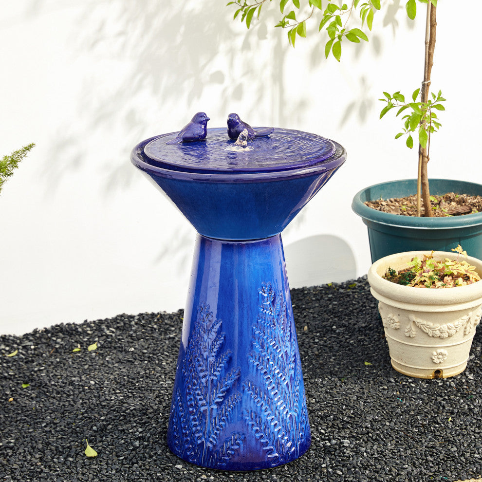 Cobalt Plant Pattern Pedestal Ceramic Fountain