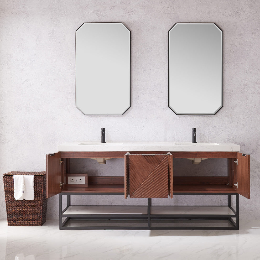 Mahon Bath Vanity, Stone Top, Matte Black Base, 72", Double Vanity, No Mirror