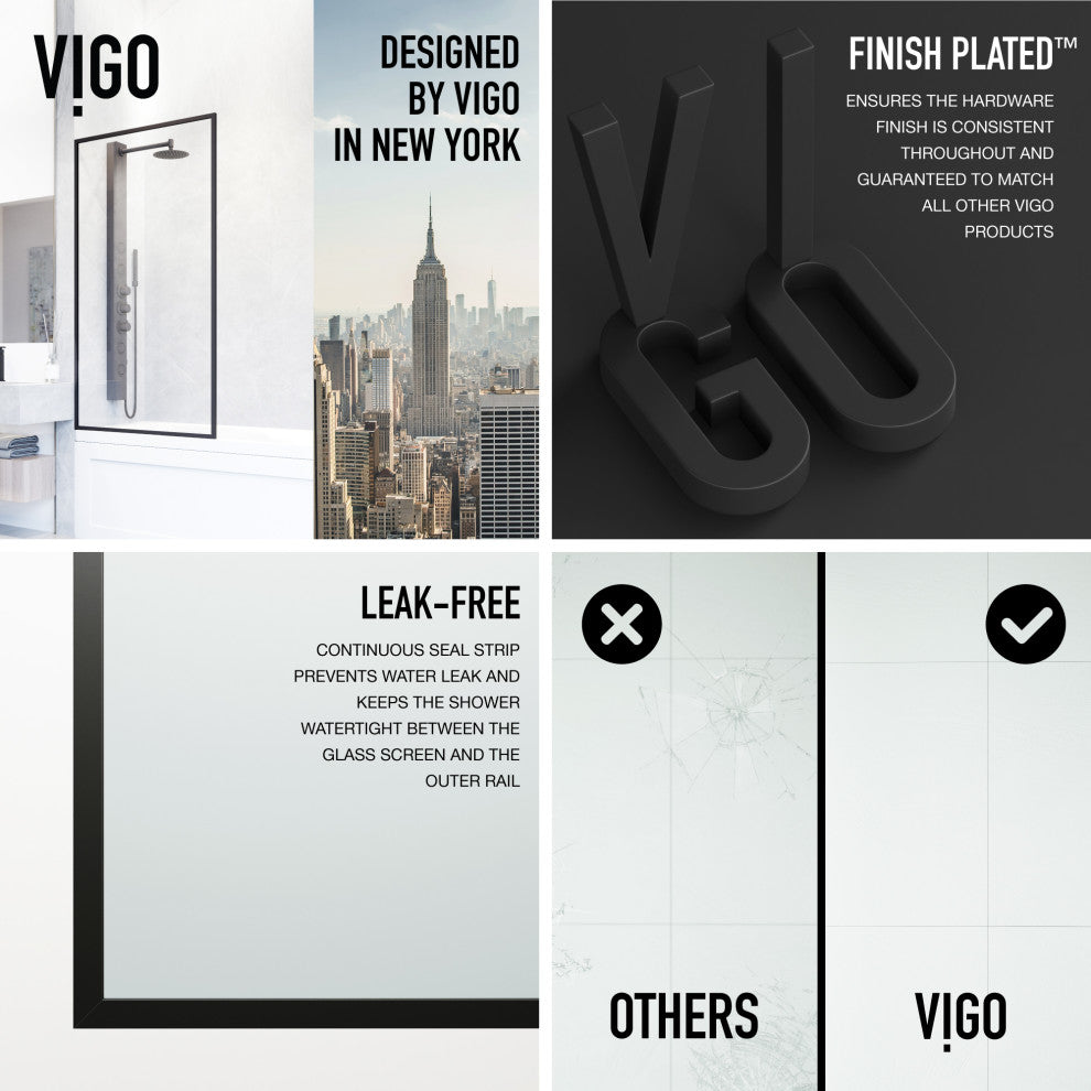 VIGO Meridian Framed Fixed, Matte Black, Tub Screen, 34" W X 62" H, Clear Glass