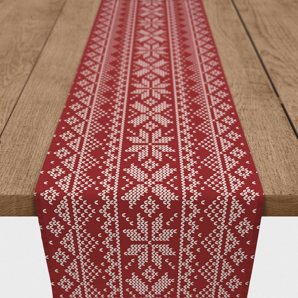 Red Knitted Snowflake Pattern Table Runner, 16"x72"
