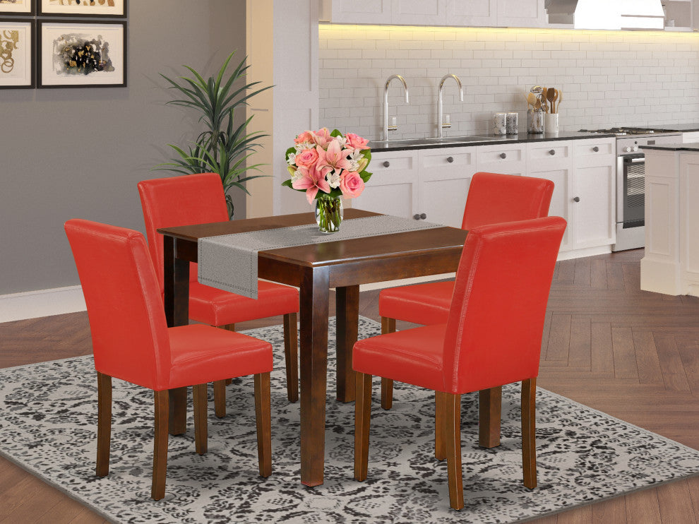 5-Piece Square 36" Table and 4-Parson Chair, Pu Leather Color Firebrick Red
