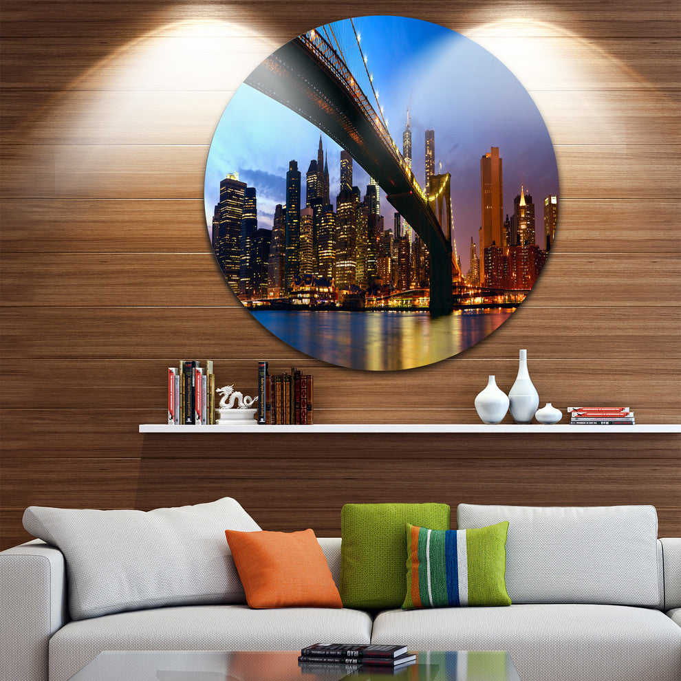Manhattan City With Bridge Under Blue Sky, Disc Metal Artwork, 36"
