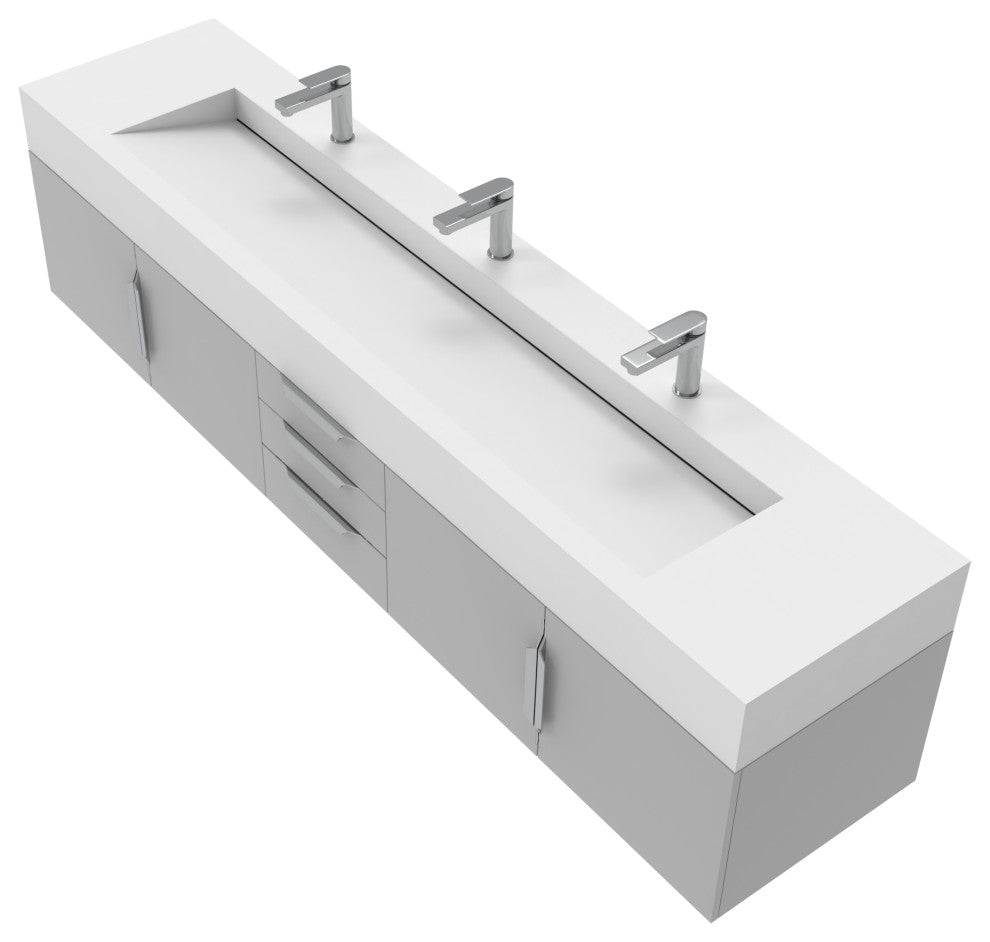 CastelloUSA Nile 84" Wall Mounted Bathroom Vanity Set, Gray, White Top, Chrome Handles