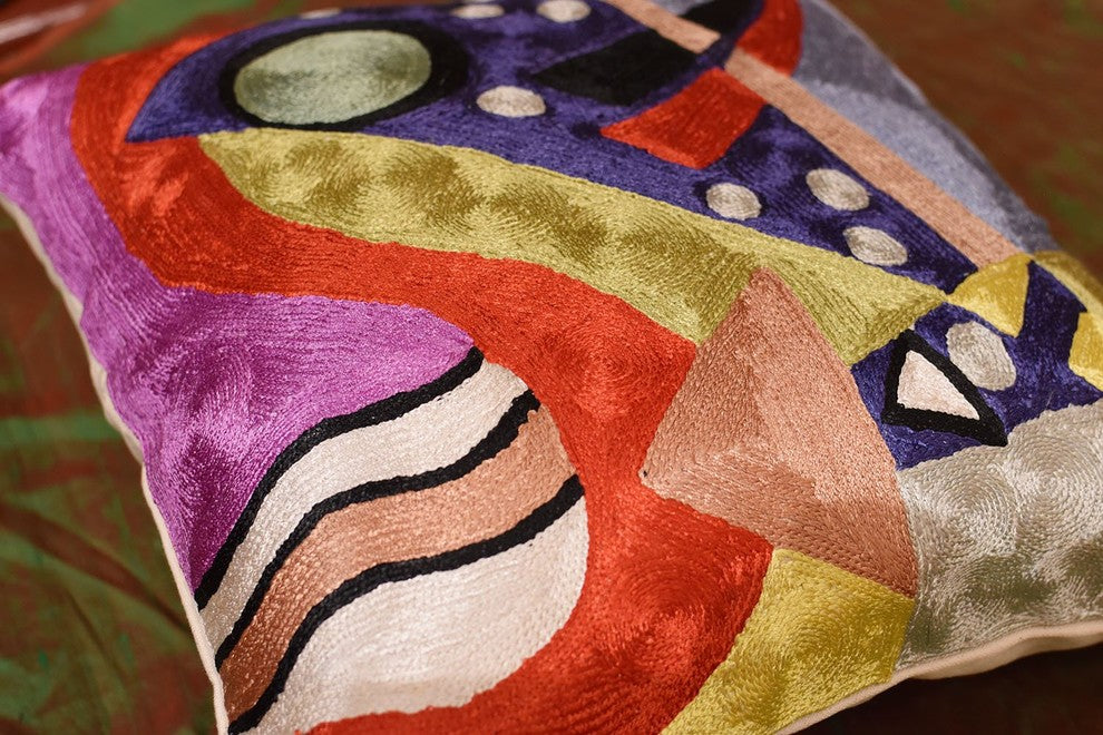 Kandinsky Abstract II Navy Purple Accent Pillow Cover Handmade Art Silk 18x18"