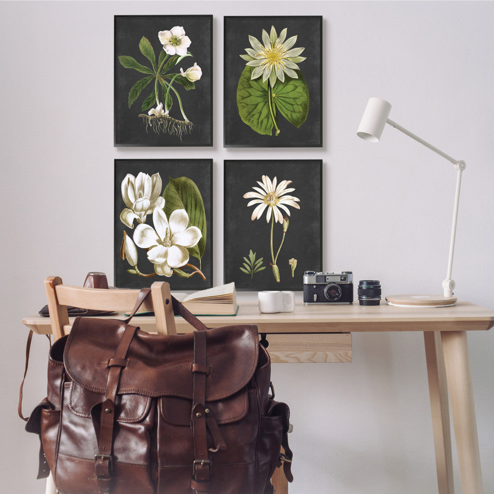 Vintage White Florals over Distressed Grey Lotus Daisies,4pc, each 16 x 20