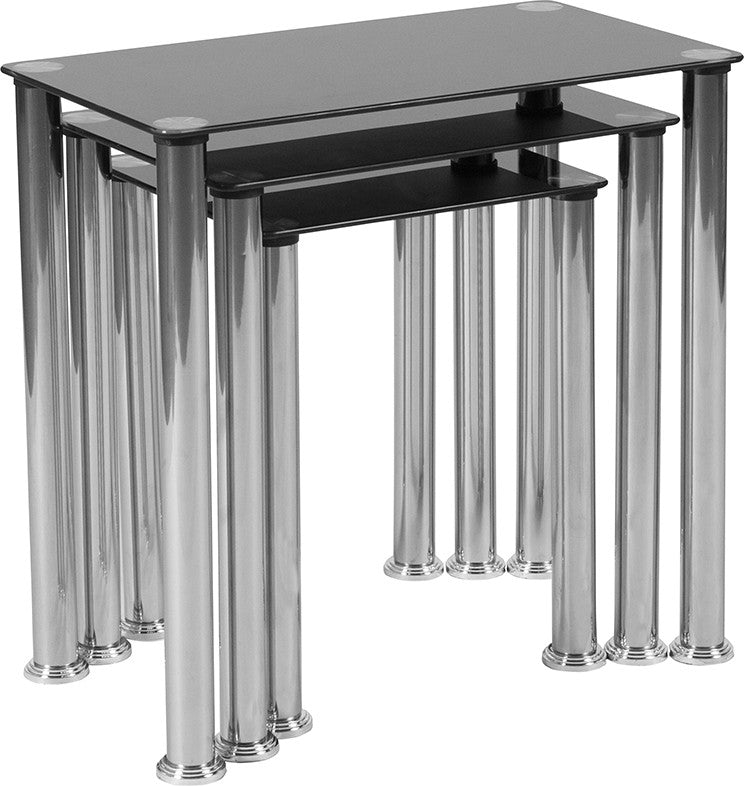 Black Glass Nesting Tables With Stainless Steel Legs